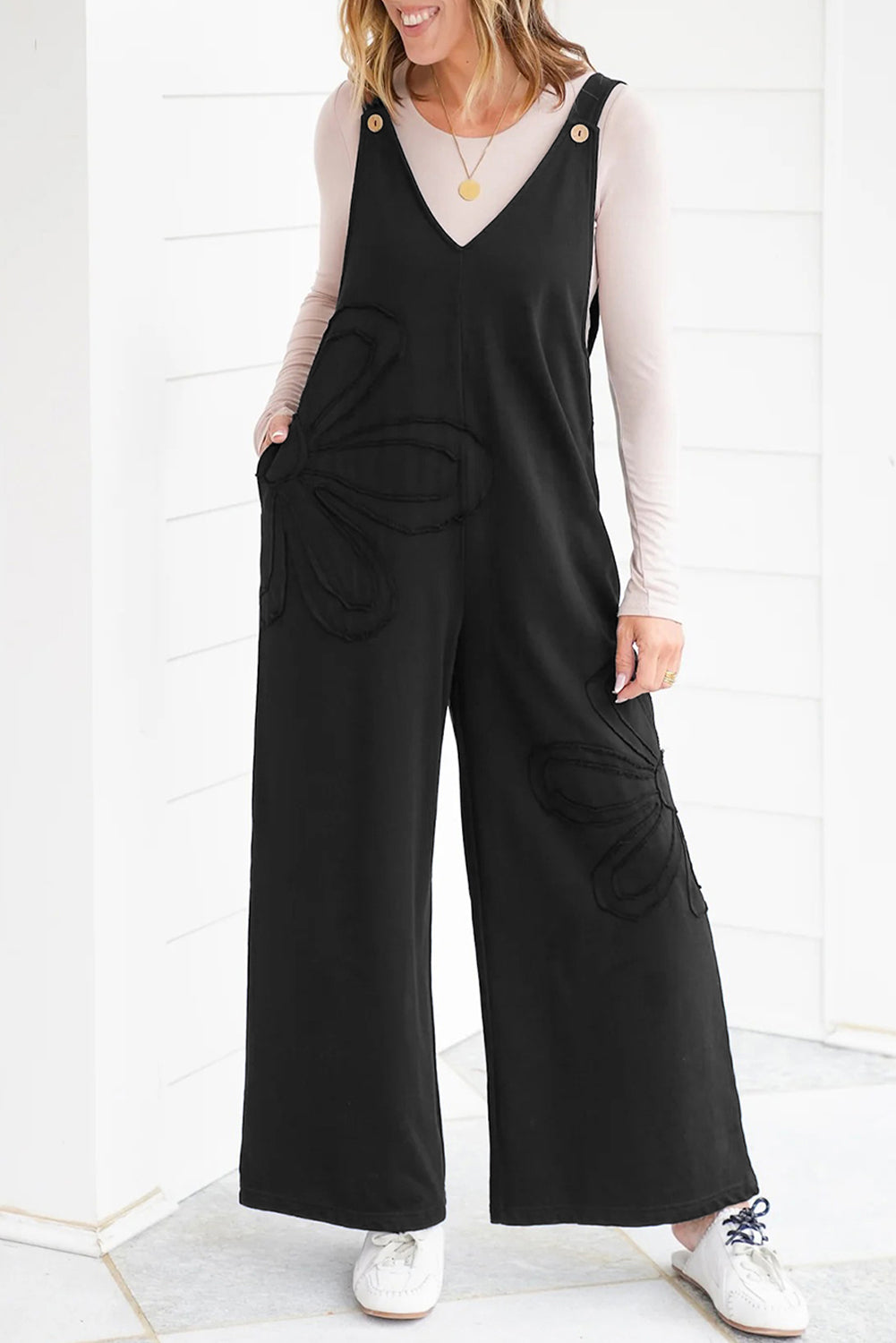 *Black Solid Color Raw Seam Big Flower Patched Loose Overall Jumpsuit