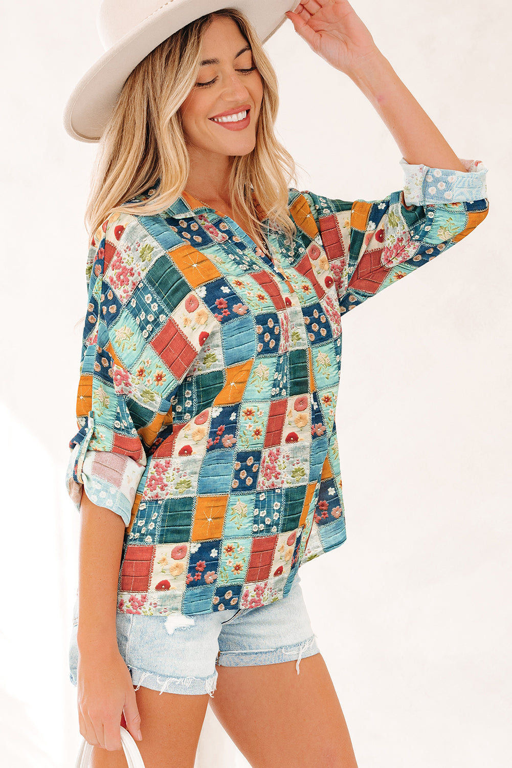 *Sky Blue Floral Collared V Neck Roll up Sleeve Shift Blouse
