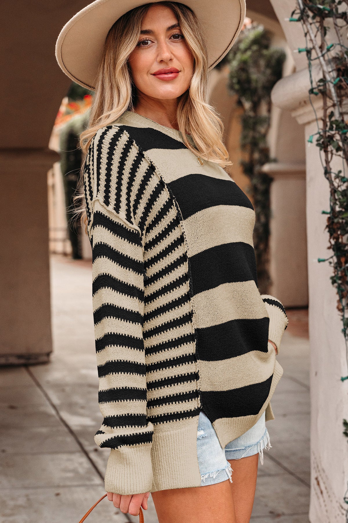 *Black Stripe Drop Shoulder Sleeve Patchwork Baggy Sweater