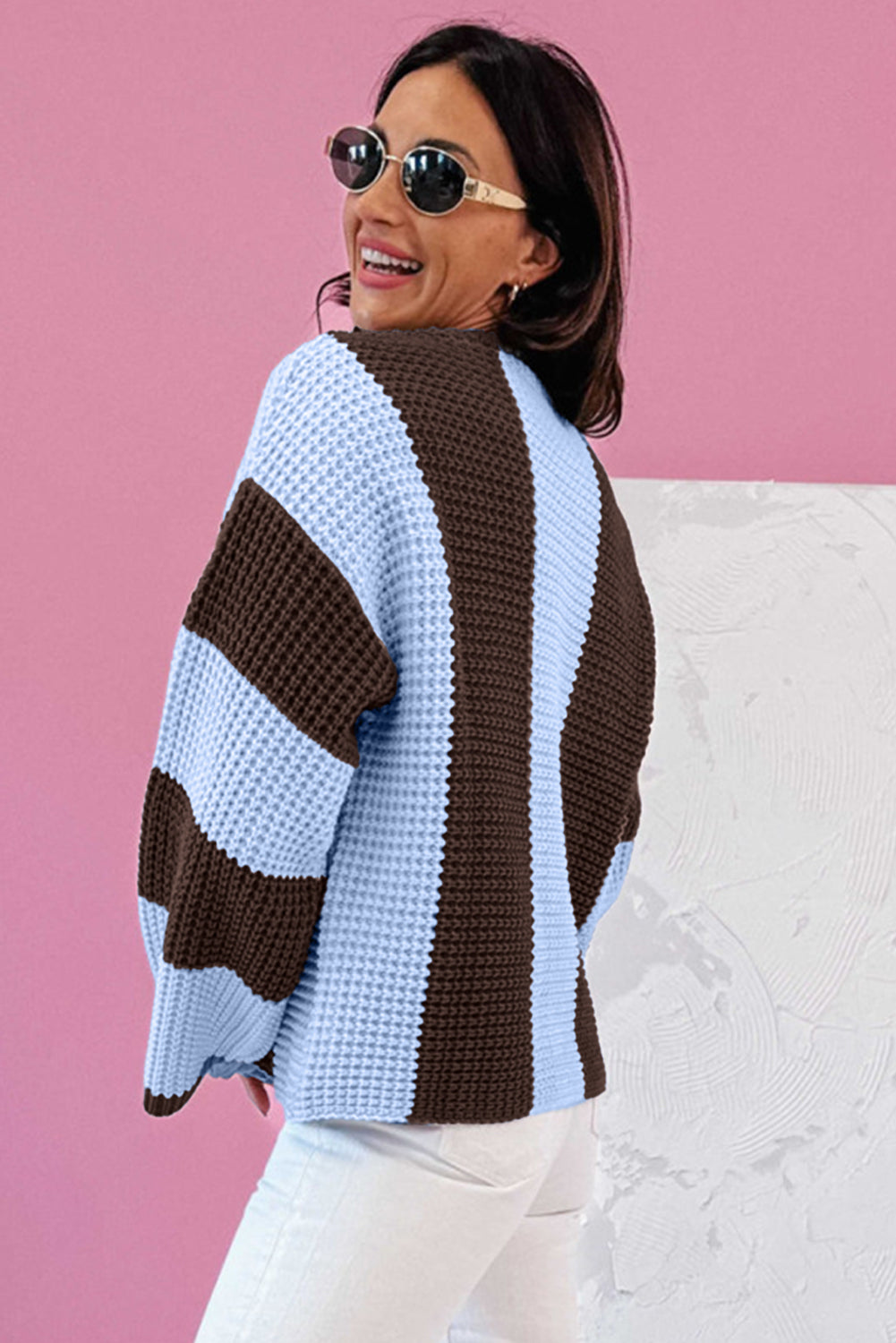 *Myosotis Striped Color Block Thermal Textured Knit Drop Shoulder Sweater