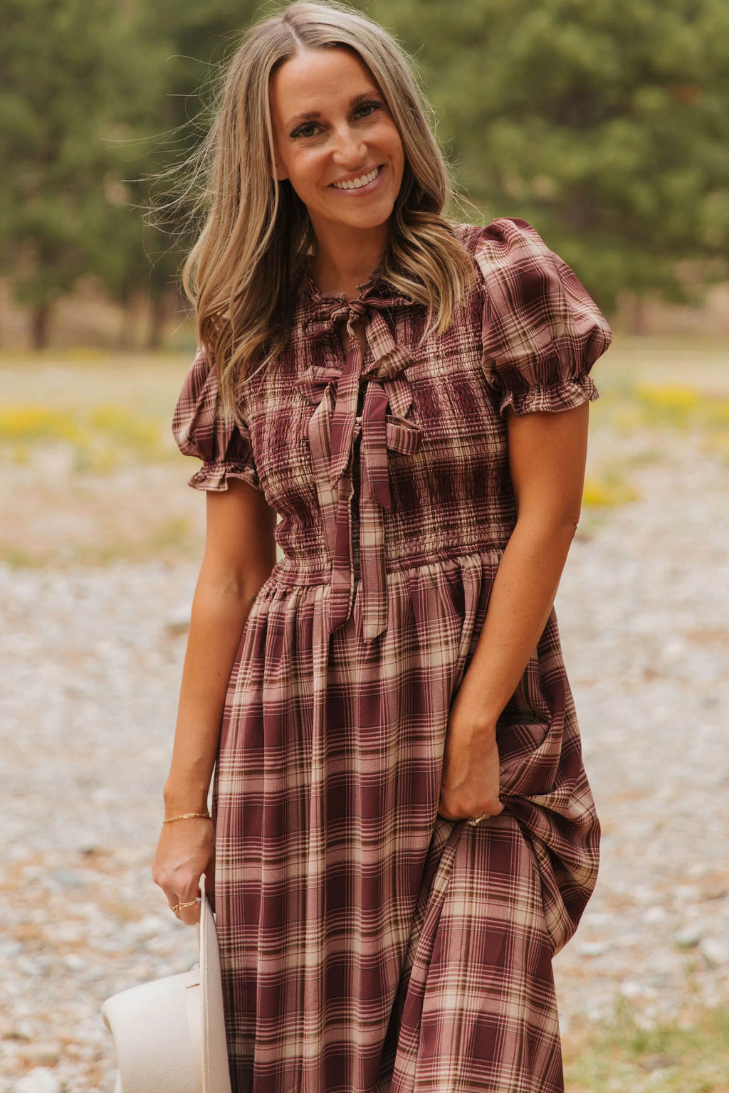 *Red Vintage Plaid Knot Front Smocked High Waist Midi Dress