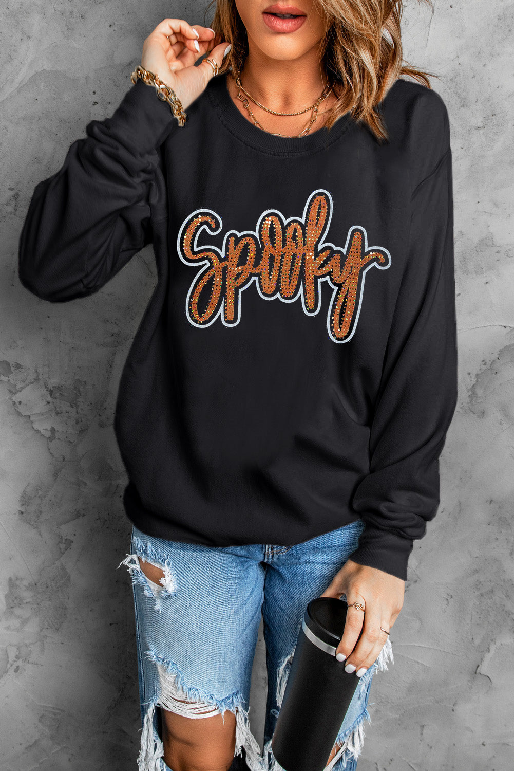 *Black Spooky Rhinestone Drop Shoulder Graphic Sweatshirt