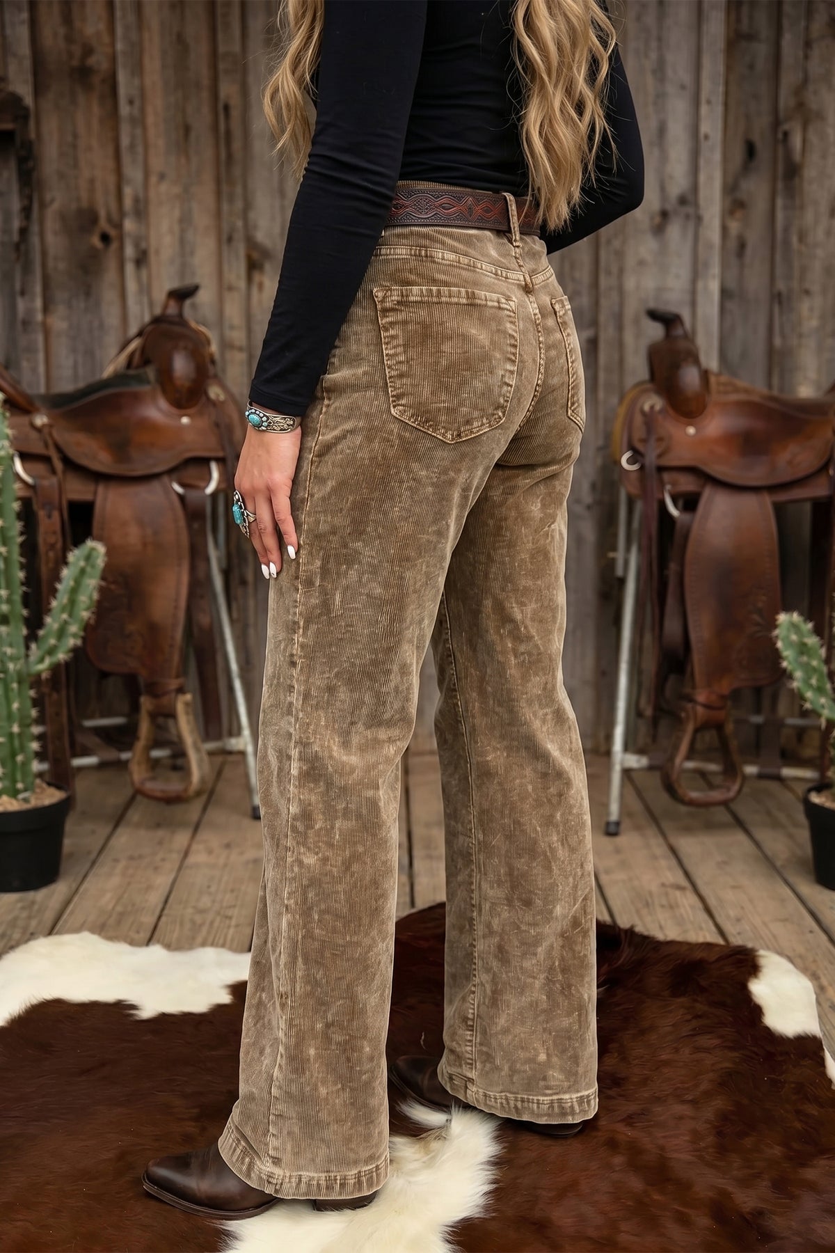 *Camel Straight Leg Corduroy Metal Button Zip-up Pants