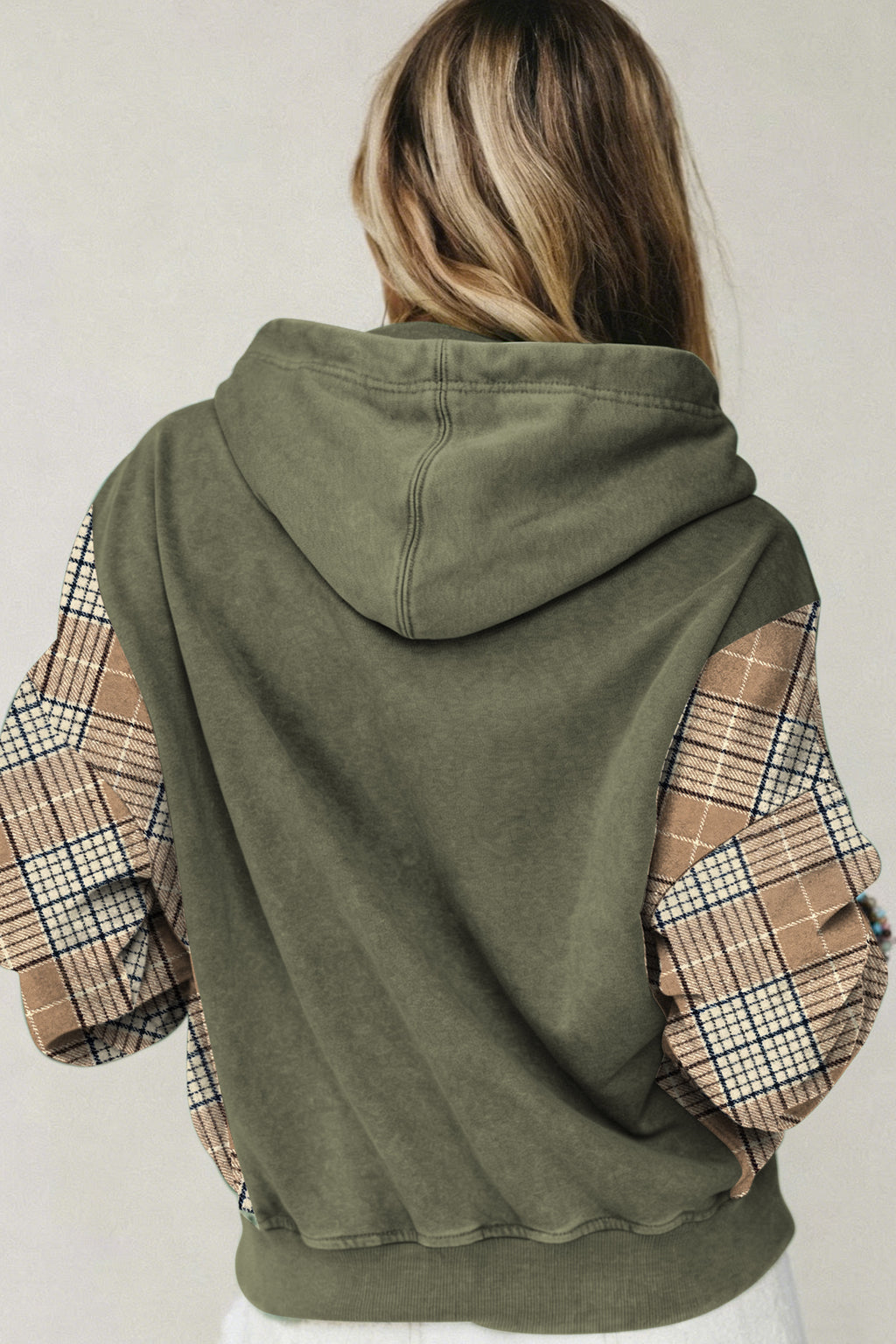 *Black Plaid Sleeve Drawstring Pocket Hooded Sweatshirt