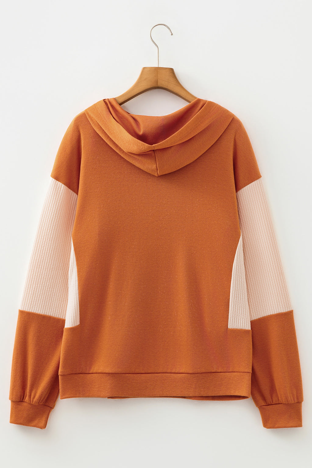 *Gold Flame Contrast Color Ribbed Patchwork Crossed Pullover Neck Hoodie