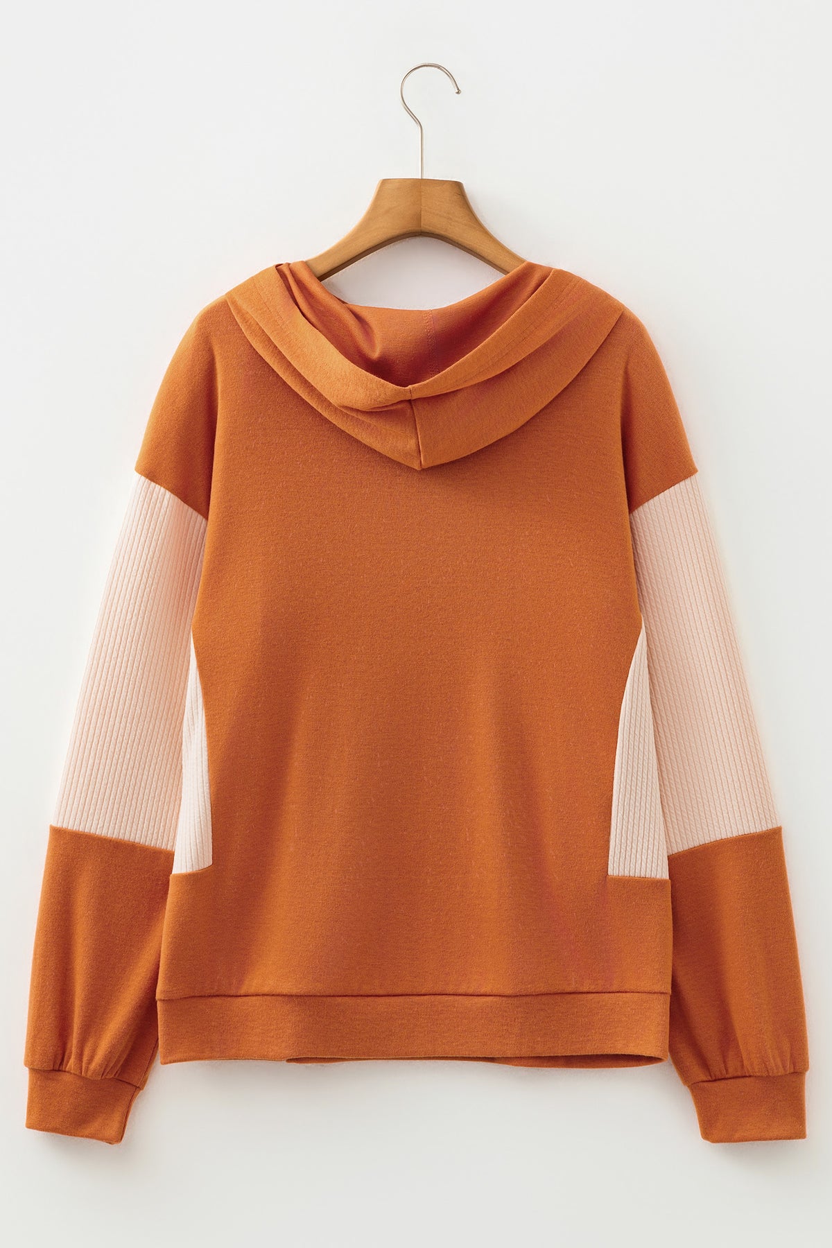 *Gold Flame Contrast Color Ribbed Patchwork Crossed Pullover Neck Hoodie