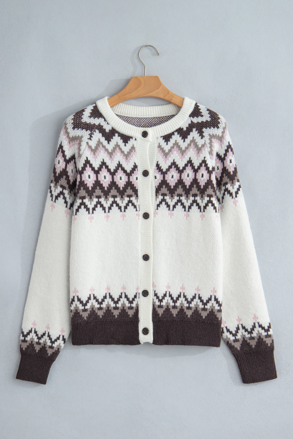 *White Geometric Pattern Brushed Knit Button Cardigan