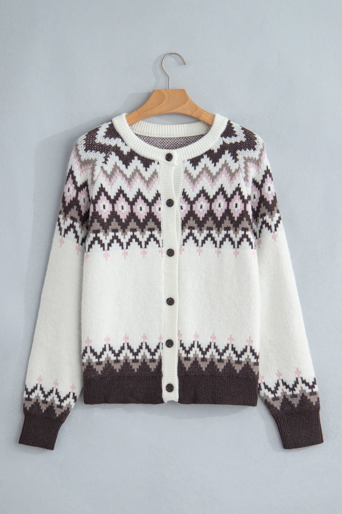 *White Geometric Pattern Brushed Knit Button Cardigan
