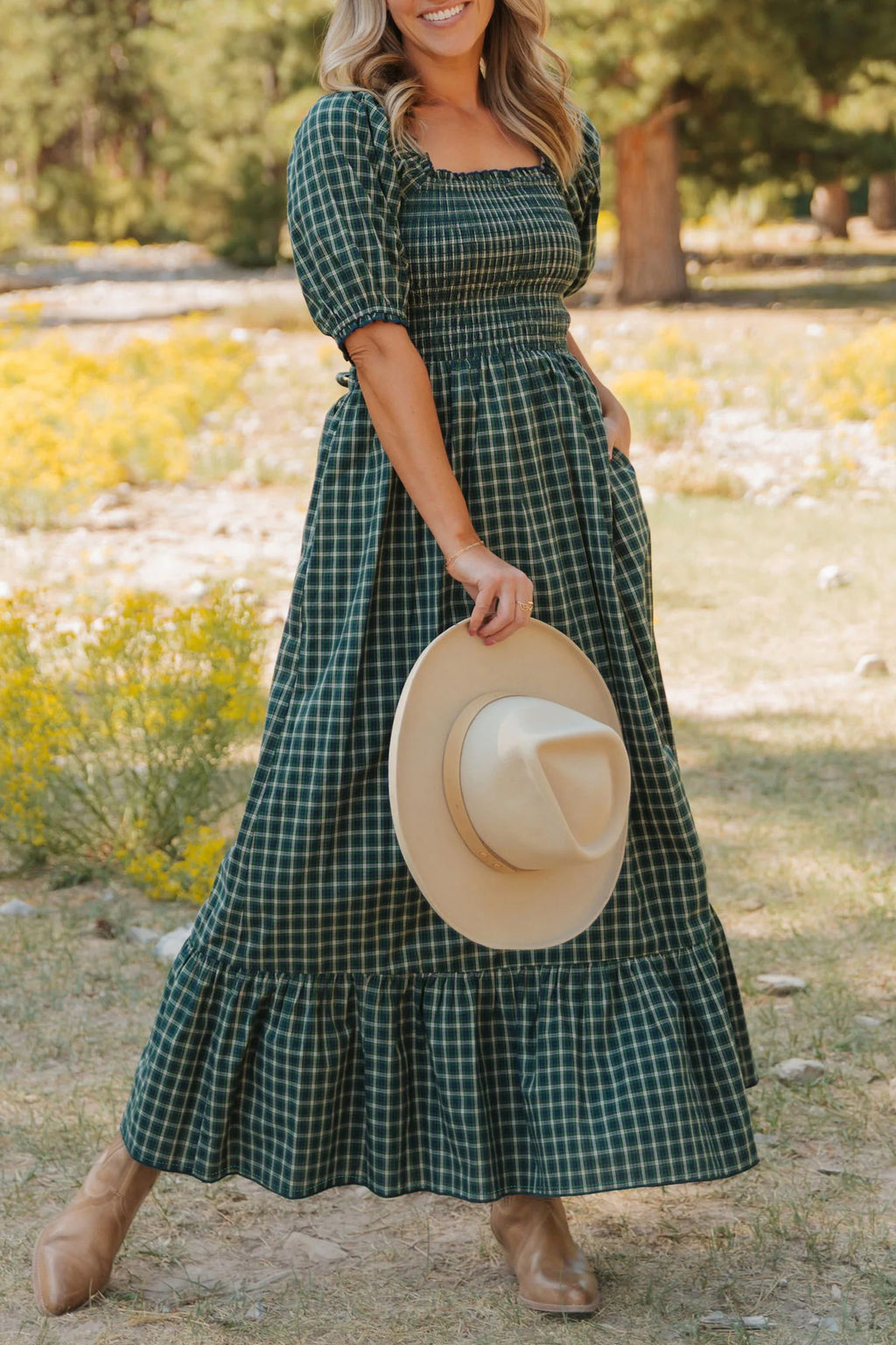 *Green Plaid Square Neck Shirred High Waist Ruffle Hem Dress