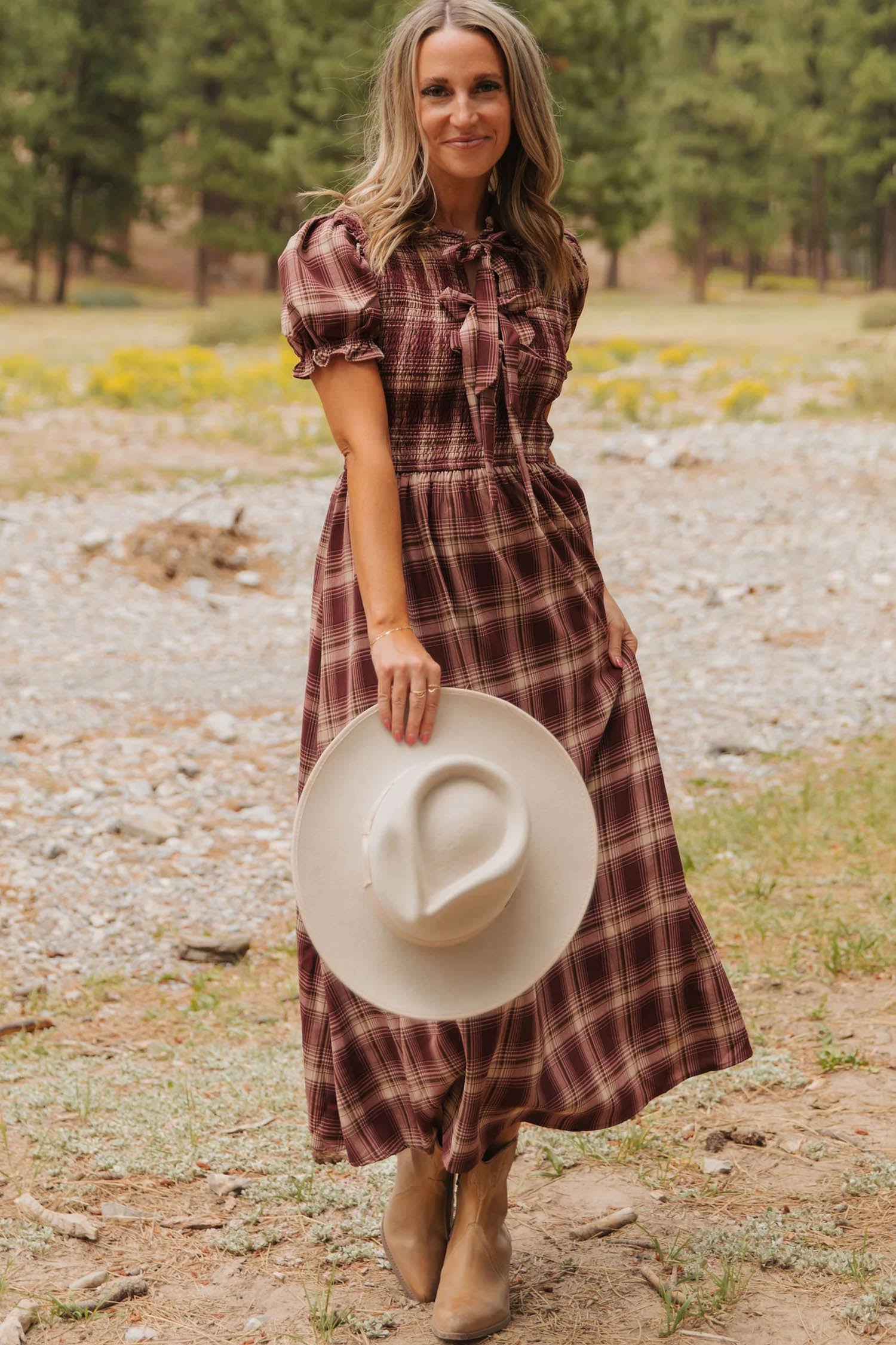 *Red Vintage Plaid Knot Front Smocked High Waist Midi Dress