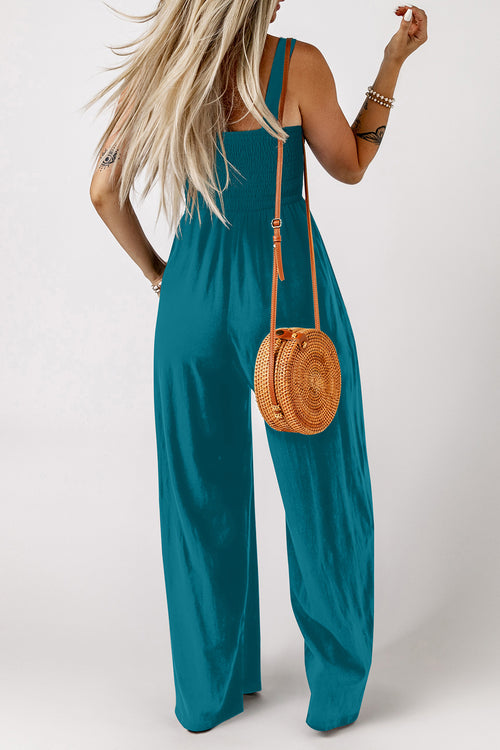 *Peacock Blue Smocked Square Neck Sleeveless Jumpsuit with Pockets