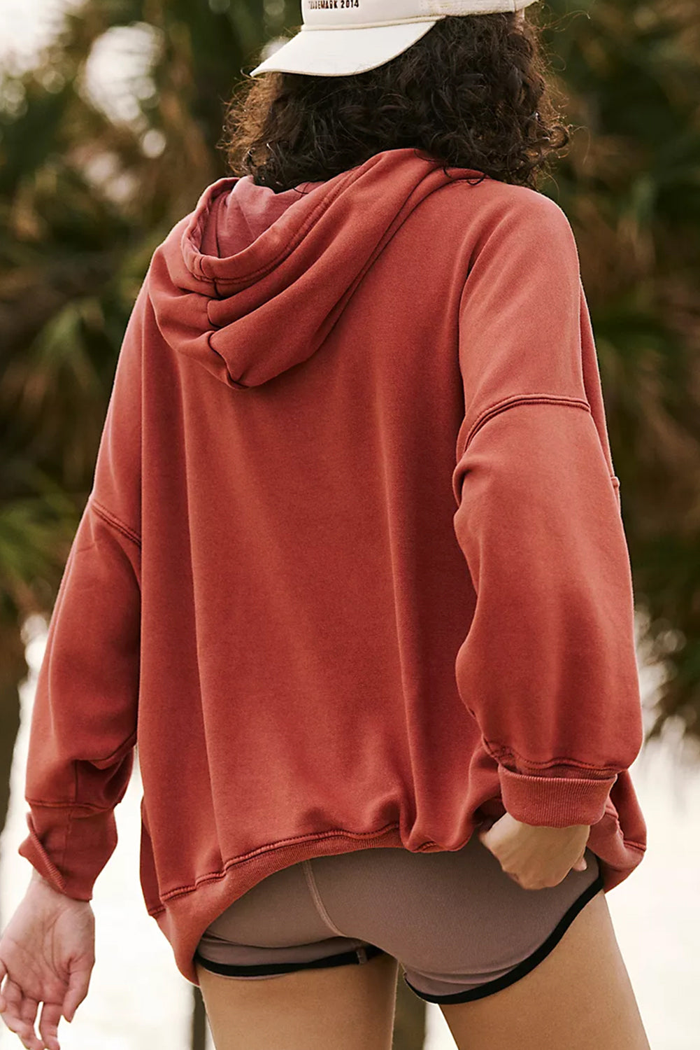 *Red Clay Drop Shoulder Pocketed Baggy Drawstring Hoodie