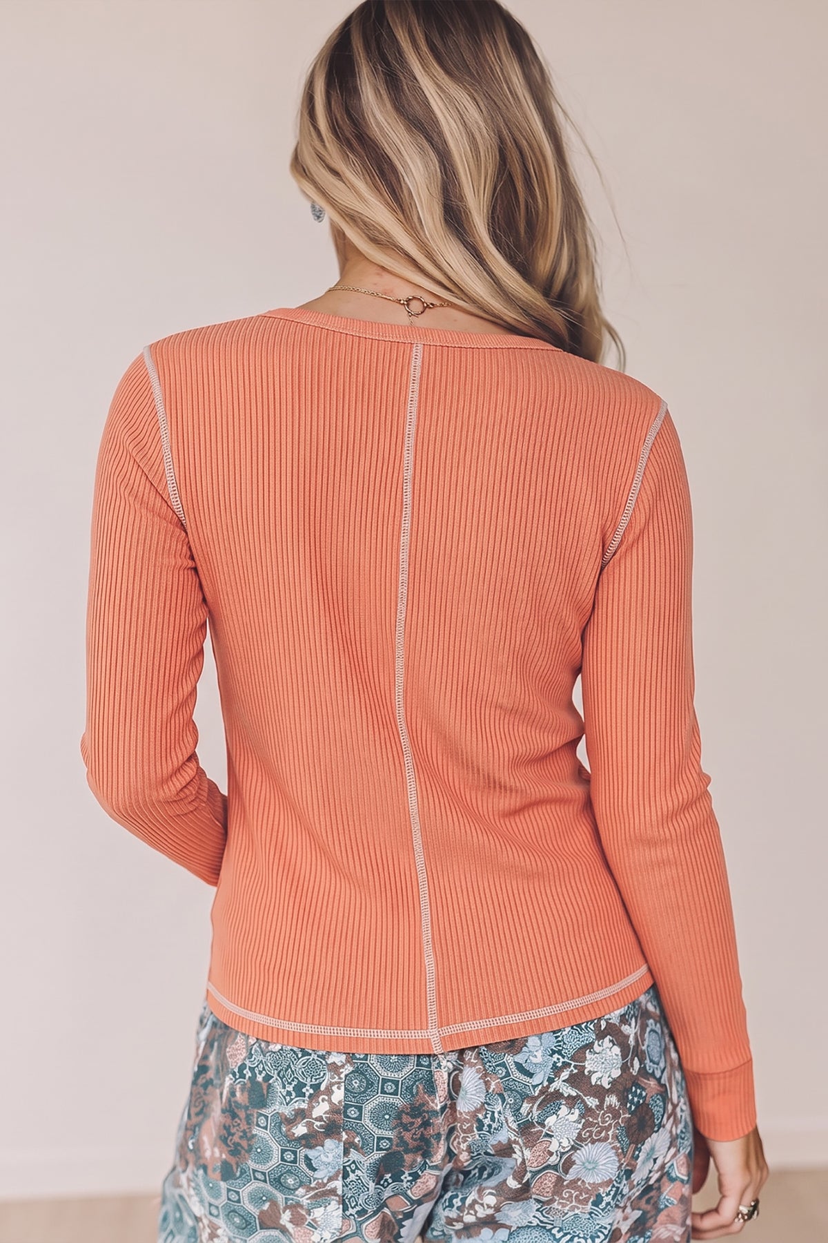 *Flamingo V Neck Ribbed Stitched Detail Long Sleeve Top