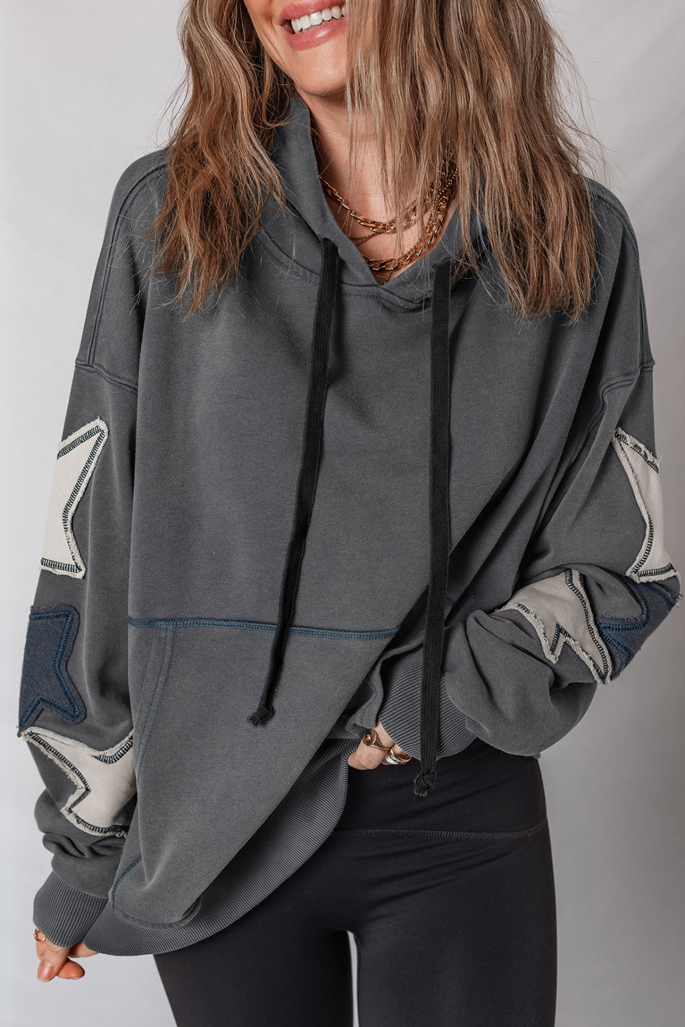 *Carbon Grey Star Patchwork Contrast Stitching Mineral Wash Kangaroo Pocket Vintage Hoodie