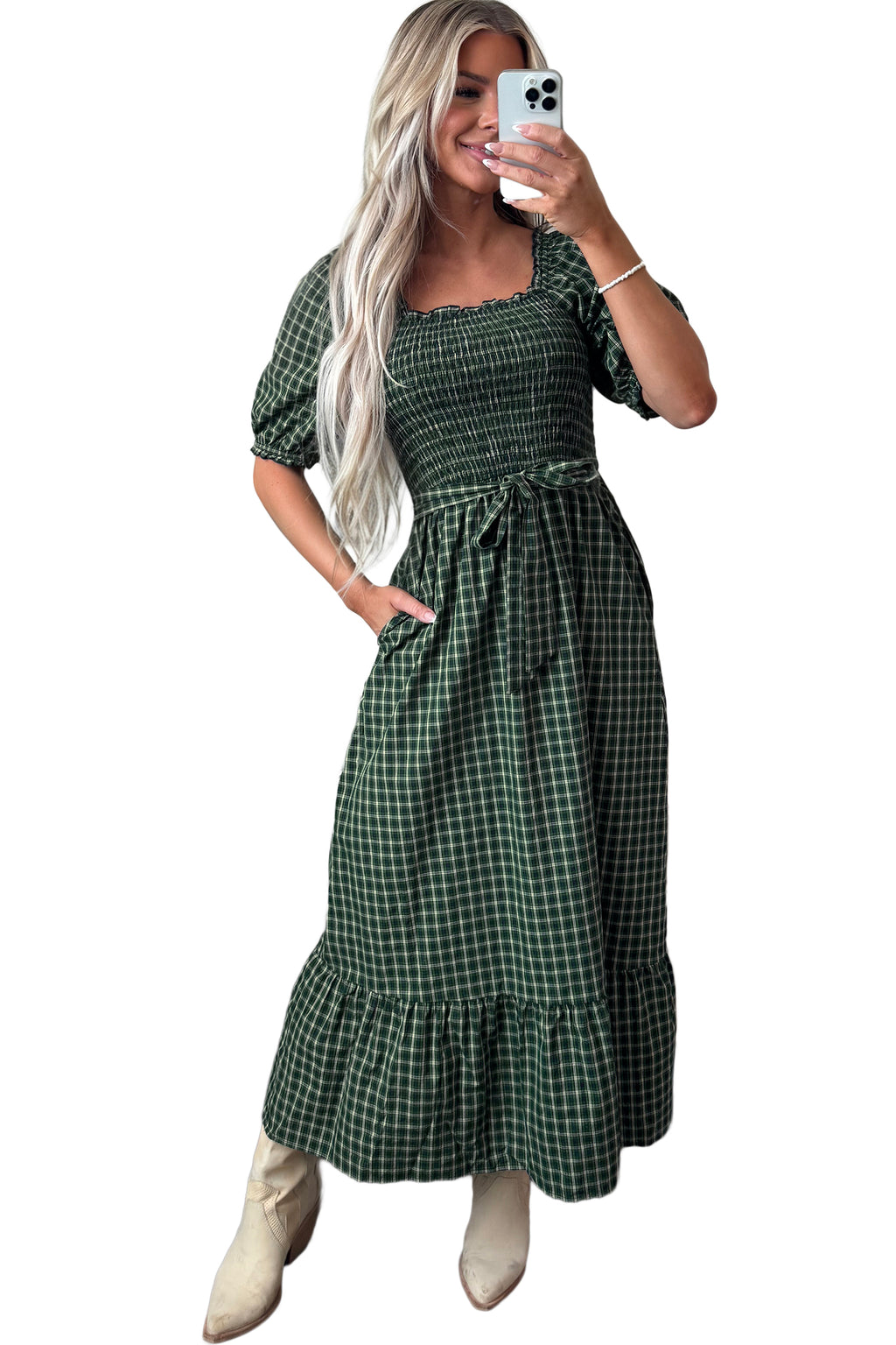 *Green Plaid Square Neck Shirred High Waist Ruffle Hem Dress