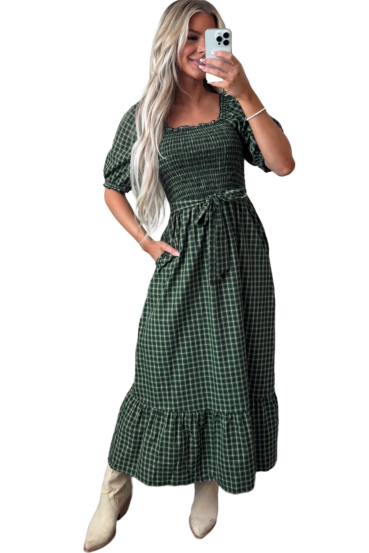 *Green Plaid Square Neck Shirred High Waist Ruffle Hem Dress