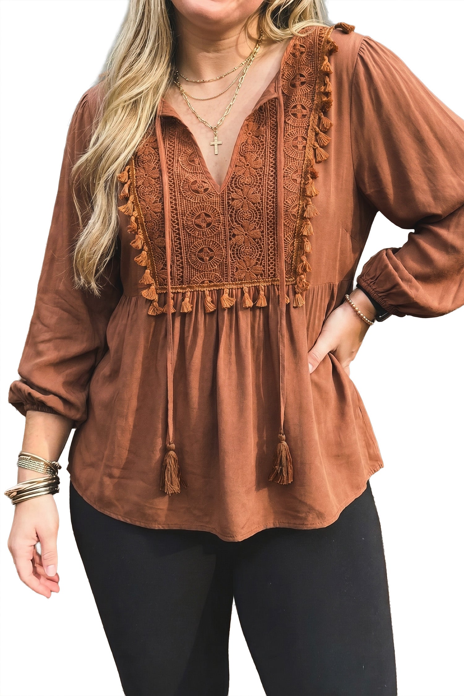 *Chestnut Boho V Neck Embroidered Tassel Long Sleeve Plus Size Blouse