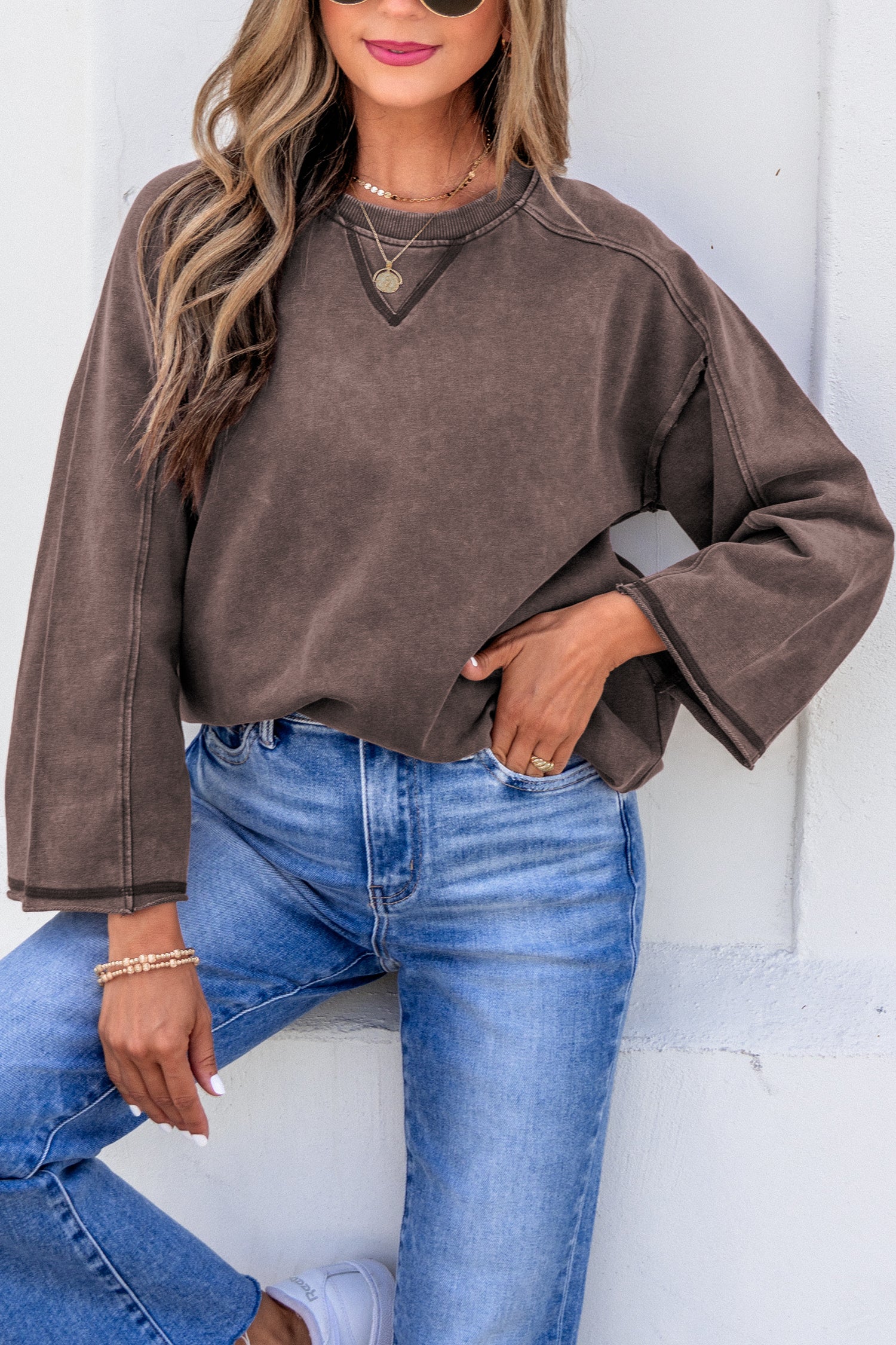 *Dark Brown 3/4 Sleeve Mineral Wash Loose Cotton Top