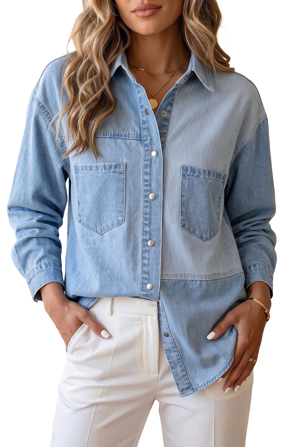 *Beau Blue Lightweight Denim Striped Patchwork Button Down Shacket