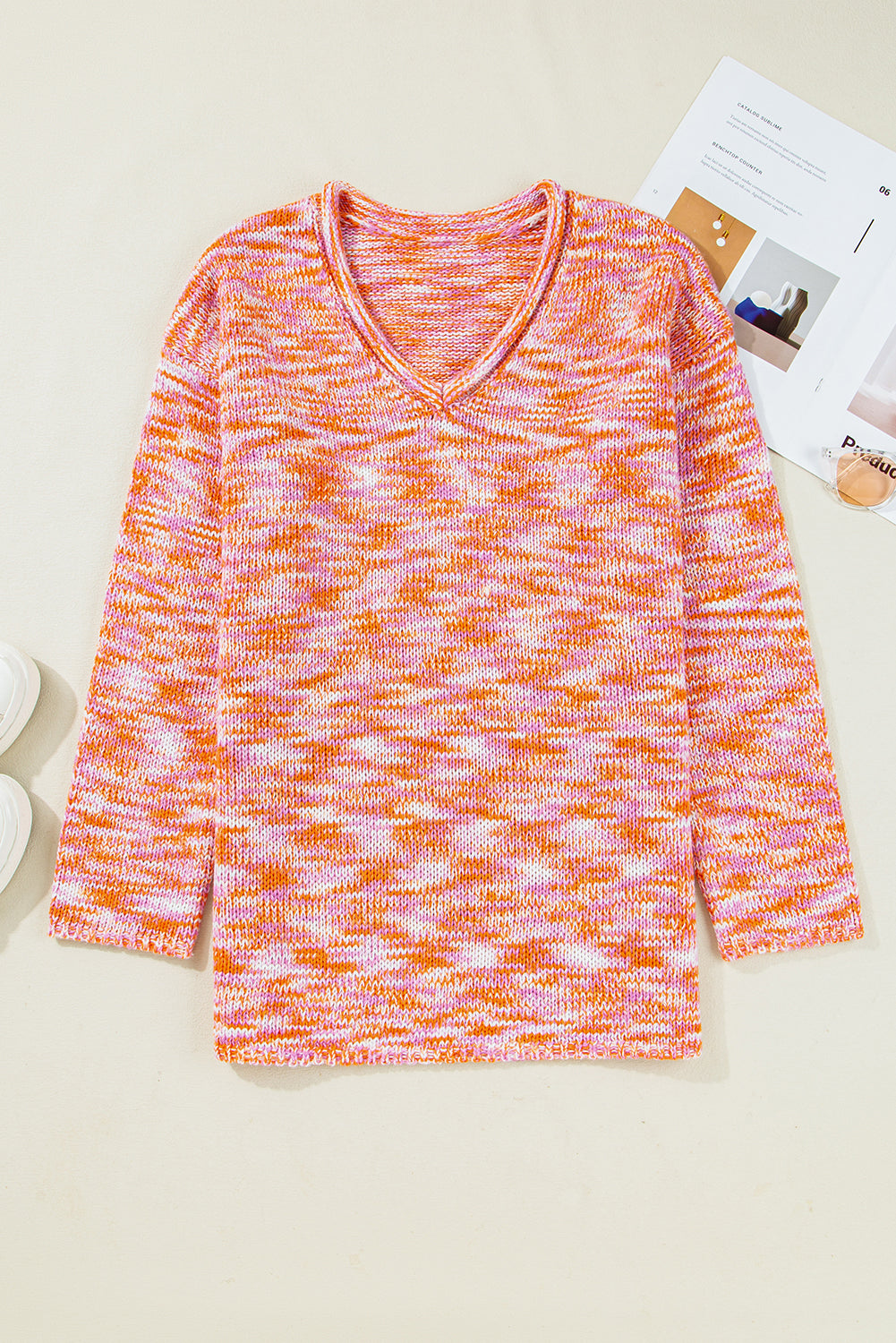 *Orange Vibrant Abstract Print Drop Shoulder V Neck Tunic Oversized Sweater