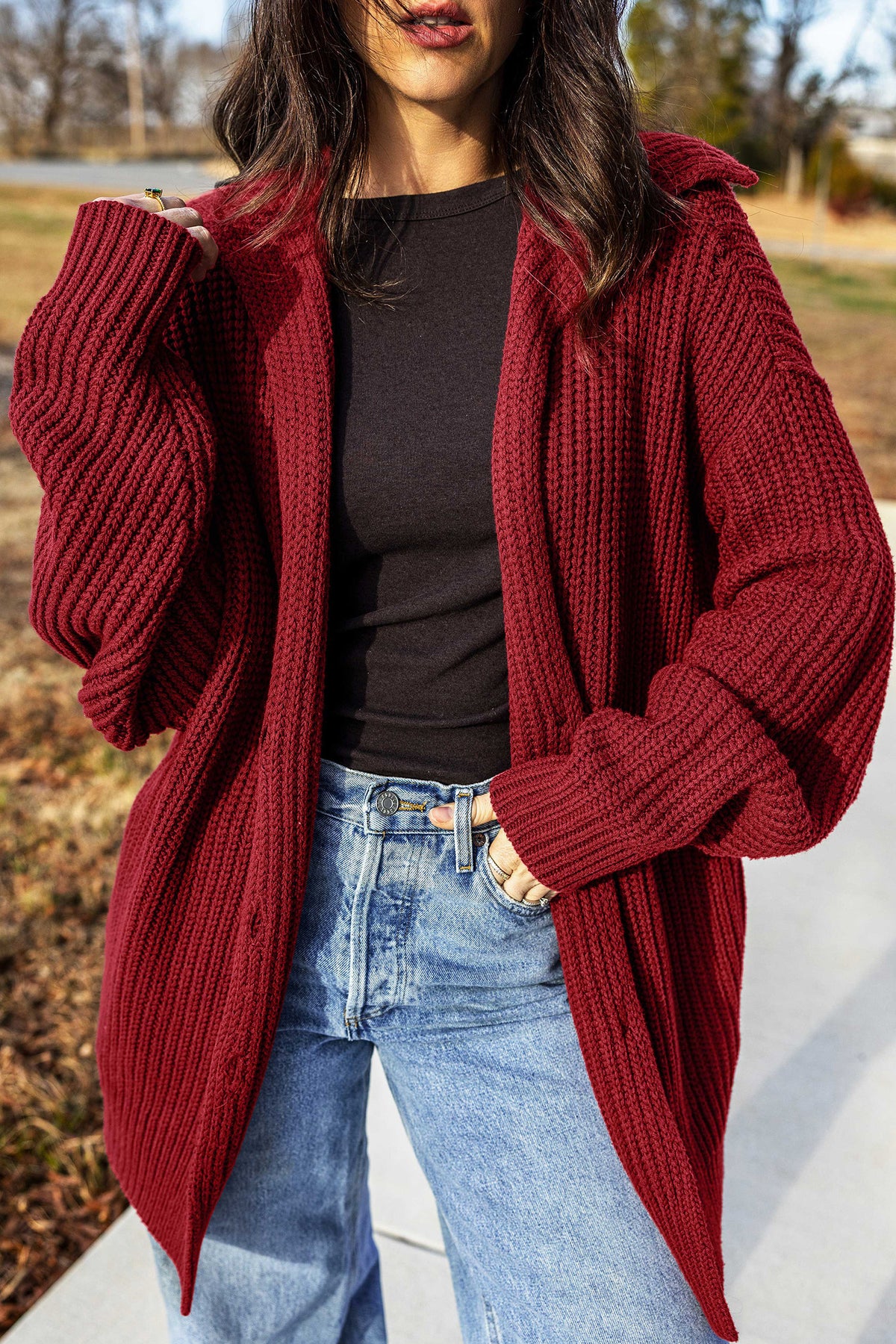 *Red Dahlia Solid Color Knit Oversized Button Front Sweater Cardigan
