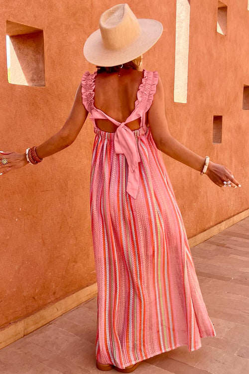 *Pink Stripe Ruffled Straps Ribbon Knot Flowy Vacation Maxi Dress