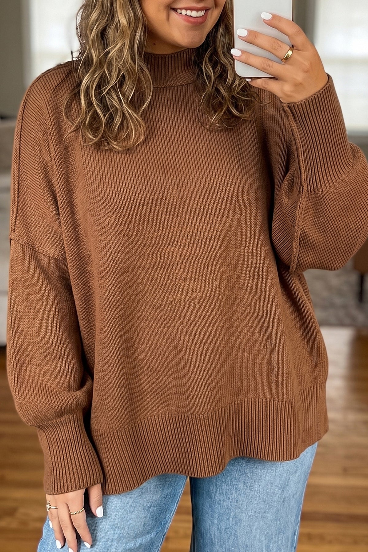 *Chestnut Oversized Ribbed Knit Long Sleeve Tunic Plus Size Sweater