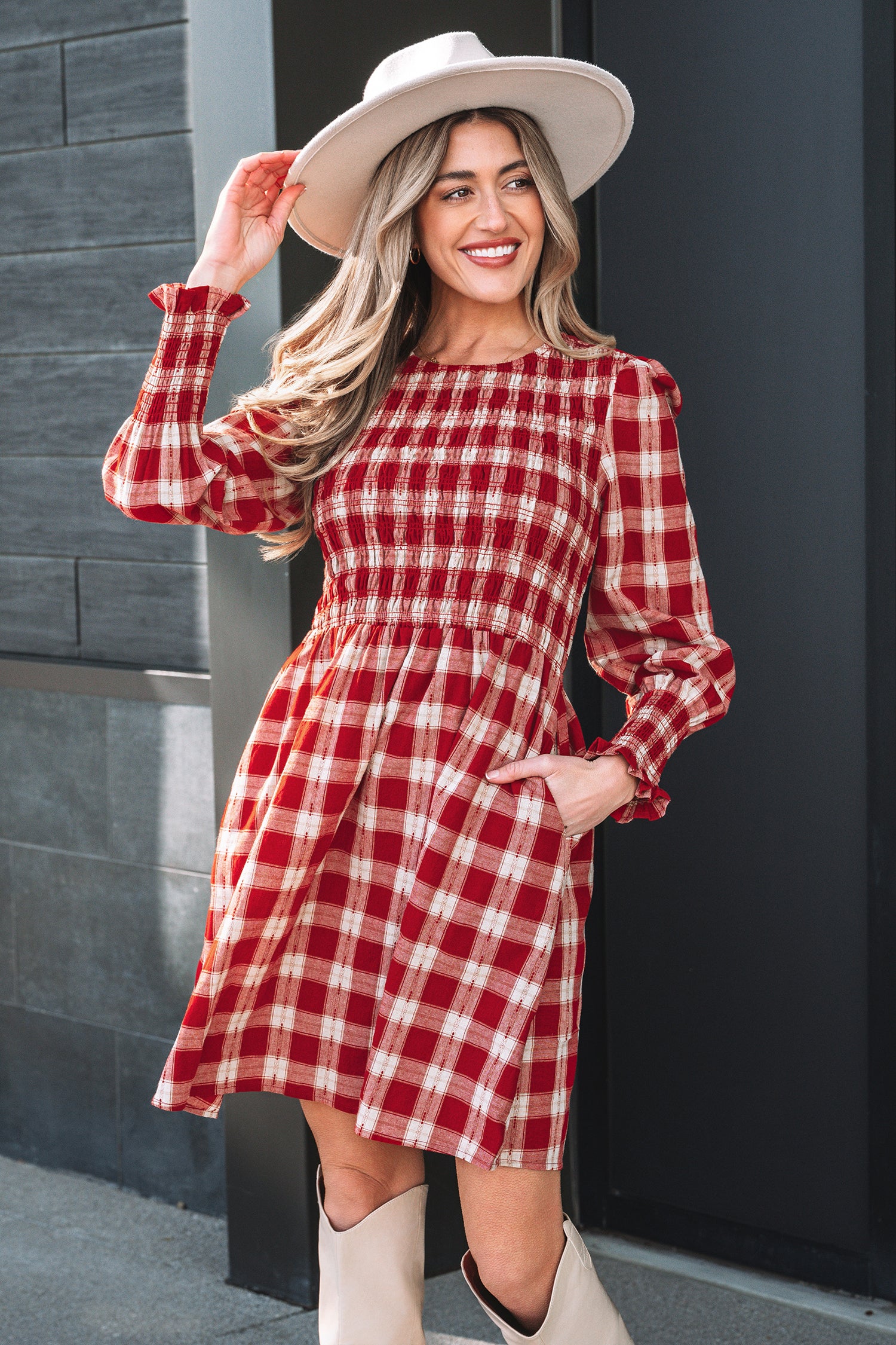 *Red Plaid Print Smocked Puff Sleeve Mini Dress