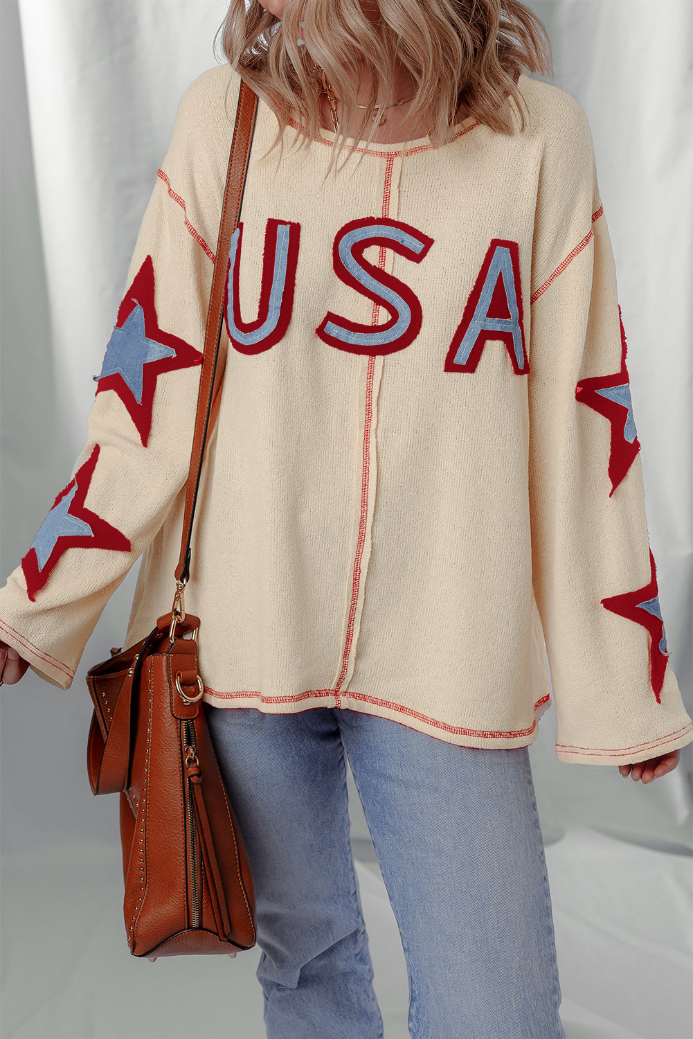 *Beige USA Star Contrast Patchwork Exposed Seam Long Sleeve Top