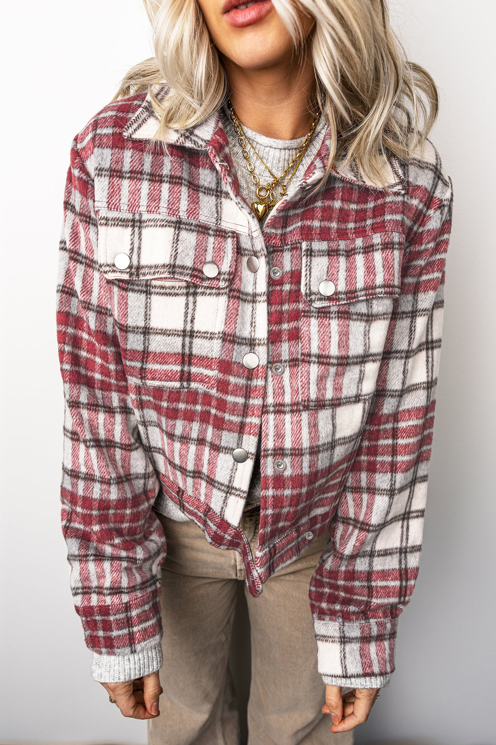 *Red Plaid Flannel Metal Button Collar Long Sleeve Vintage Shift Jacket
