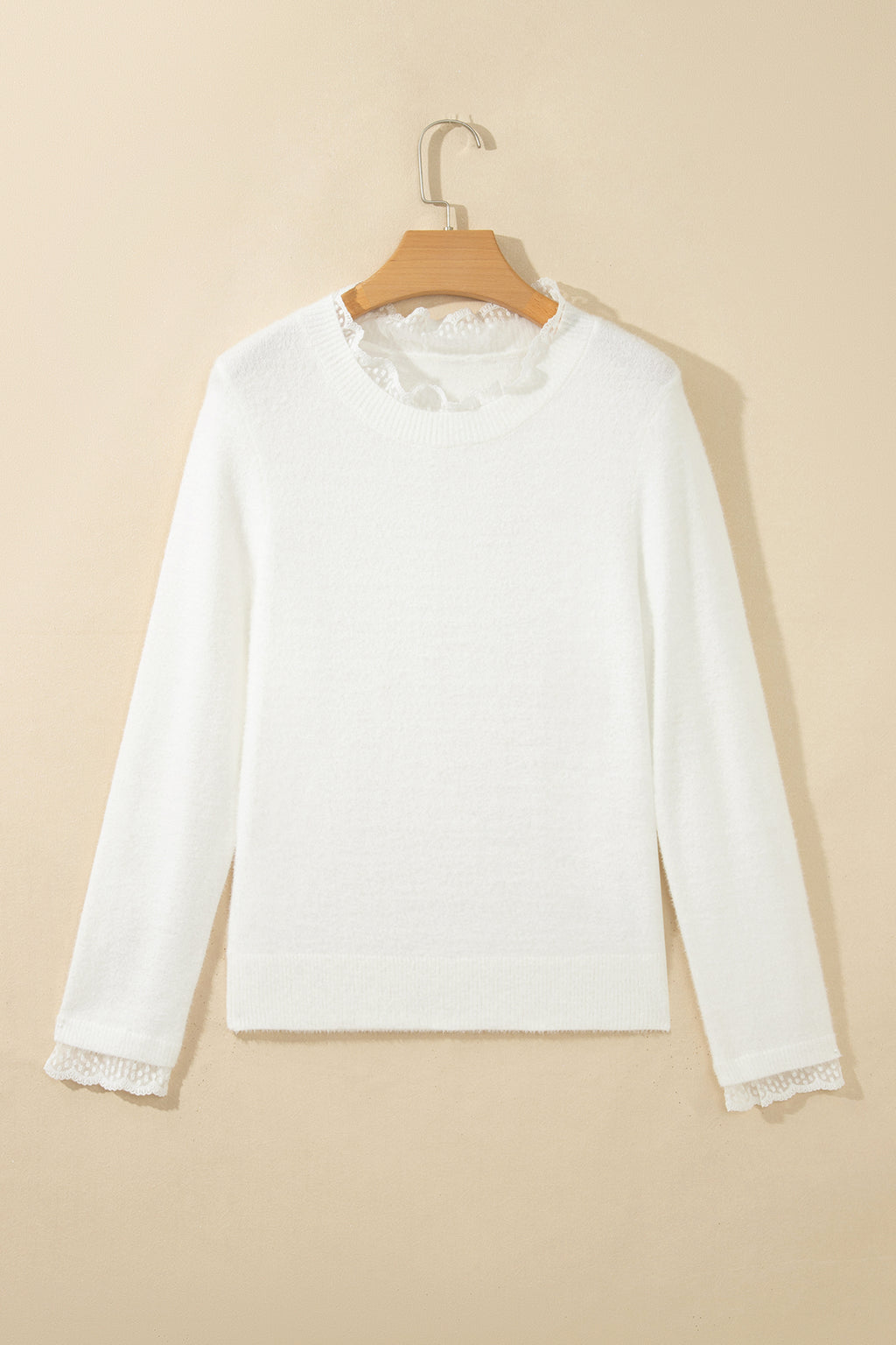 *White Lace Trim Neck Cuff Patchwork Long Sleeve Pullover Sweater