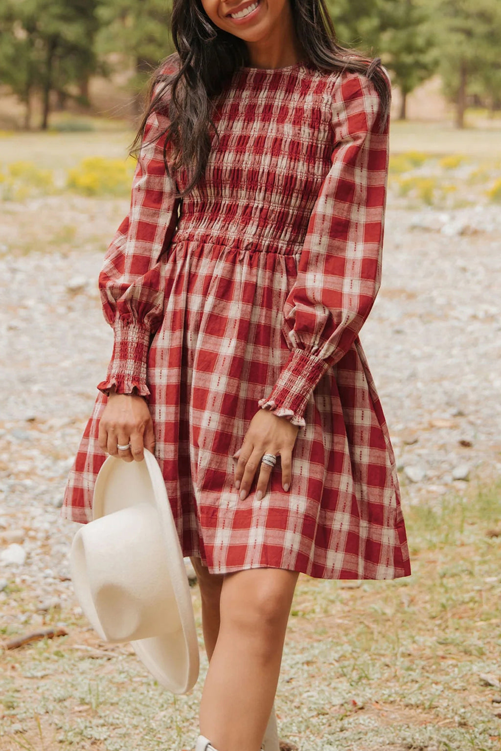 *Red Plaid Print Smocked Puff Sleeve Mini Dress