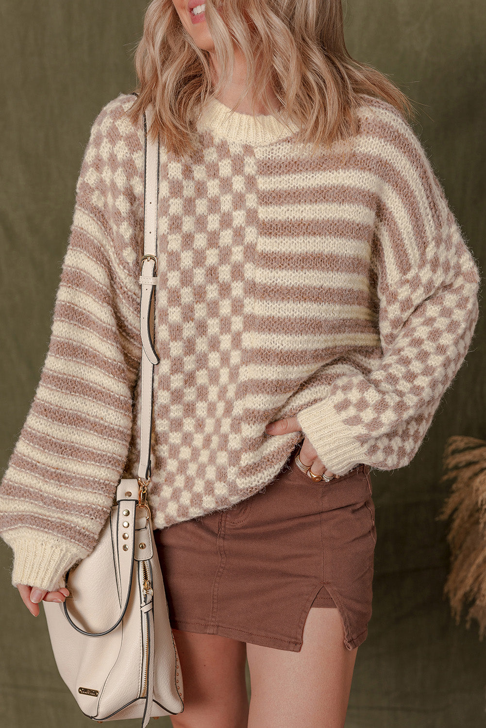 *Khaki Stripe Checkerboard Drop Shoulder Balloon Sleeve Sweater