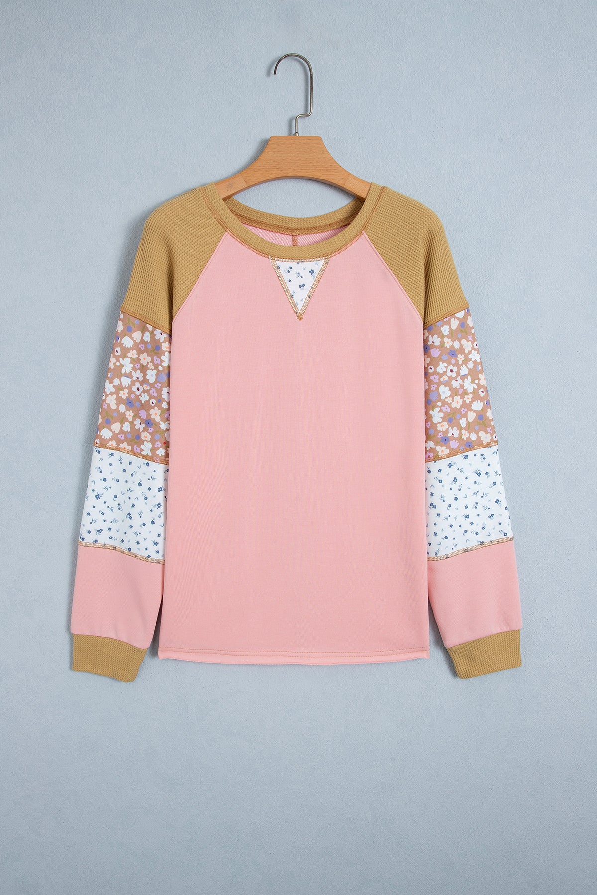 *Apricot Pink Color Block Floral Waffle Mixed Patchwork Long Sleeve Top