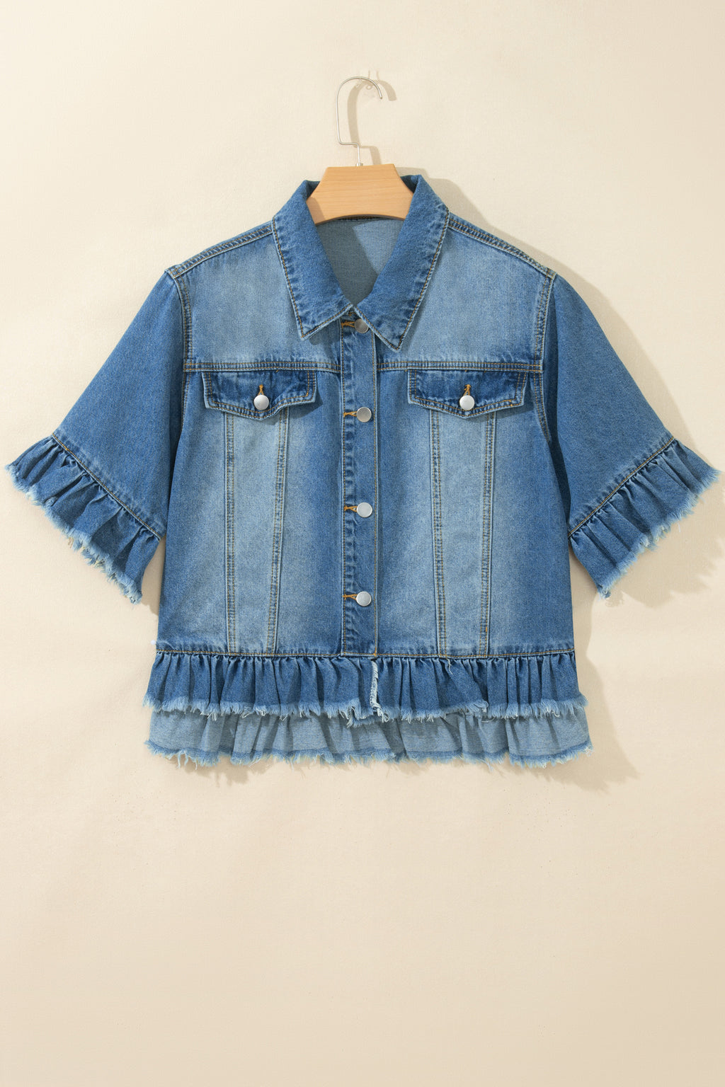 *Blue Ruffle Hem Raw Edge Half Sleeve Western Denim Jacket