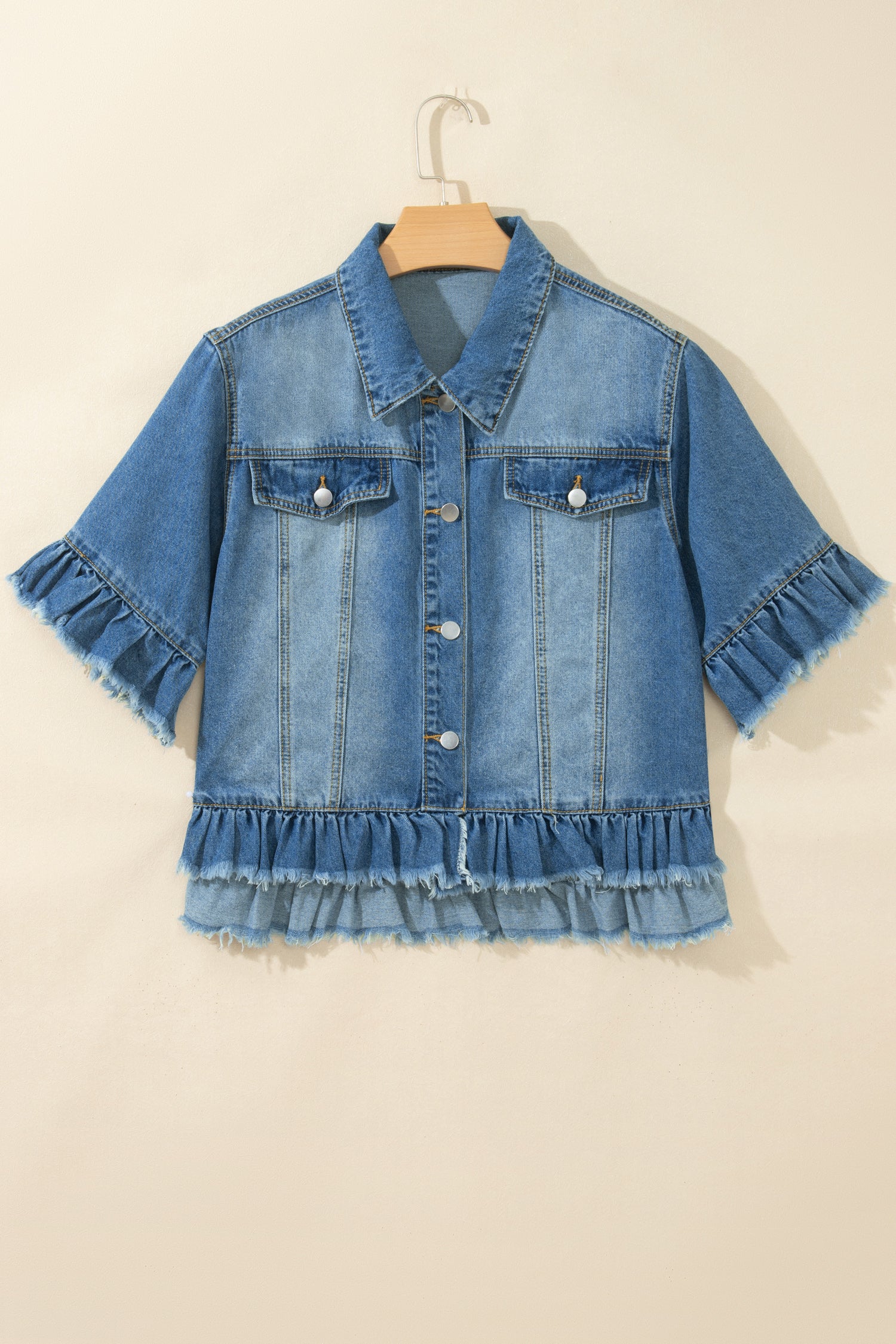 *Blue Ruffle Hem Raw Edge Half Sleeve Western Denim Jacket
