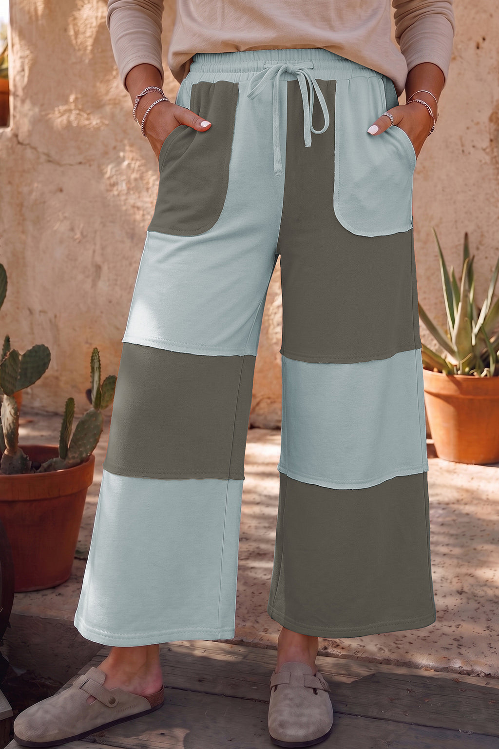 *Beau Blue Raw Seam Colorblock Wide Leg Ankle Length Casual Pants