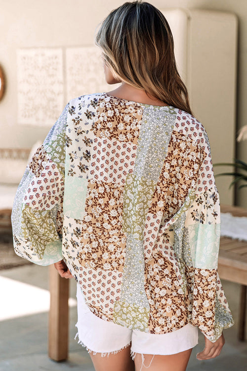 *Multicolor Floral Patchwork Print Long Puff Sleeve Shirt