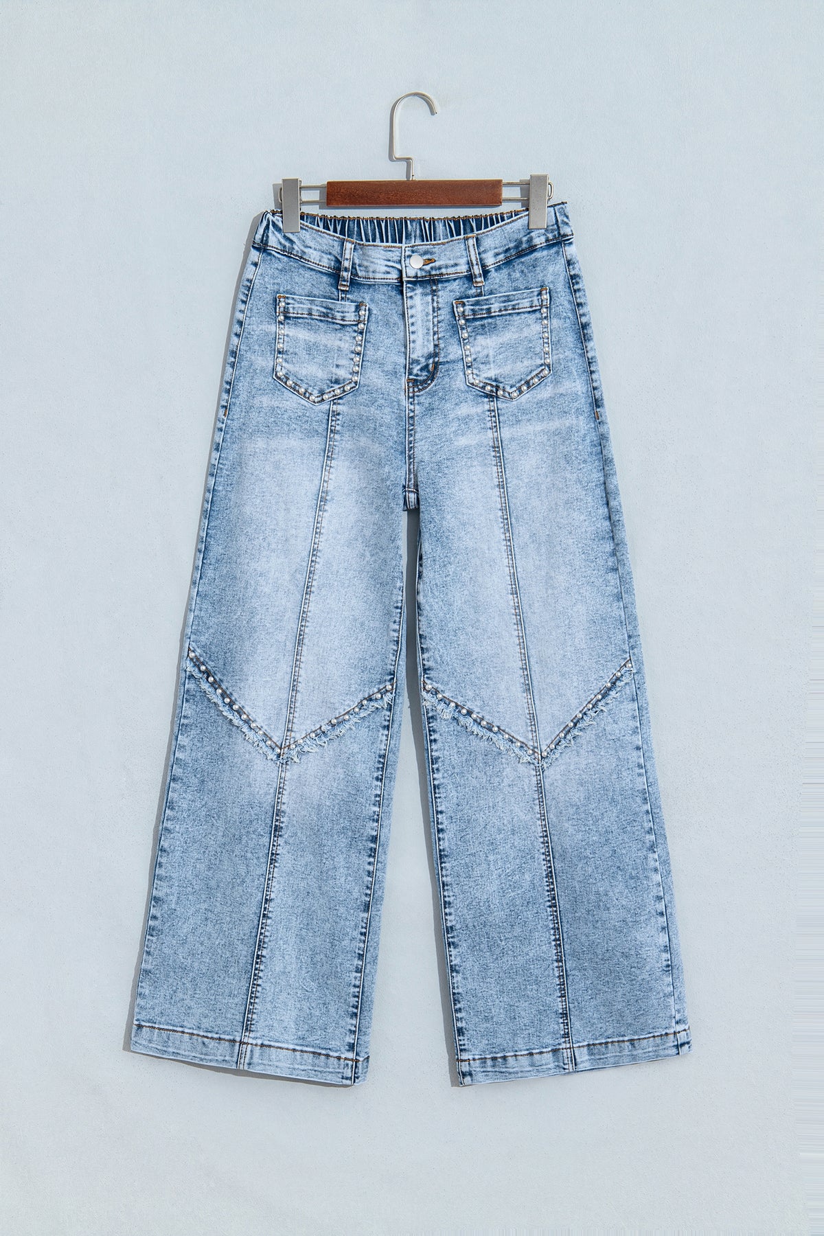 *Beau Blue Frayed Studded Detail Wide Leg Pocketed Jeans