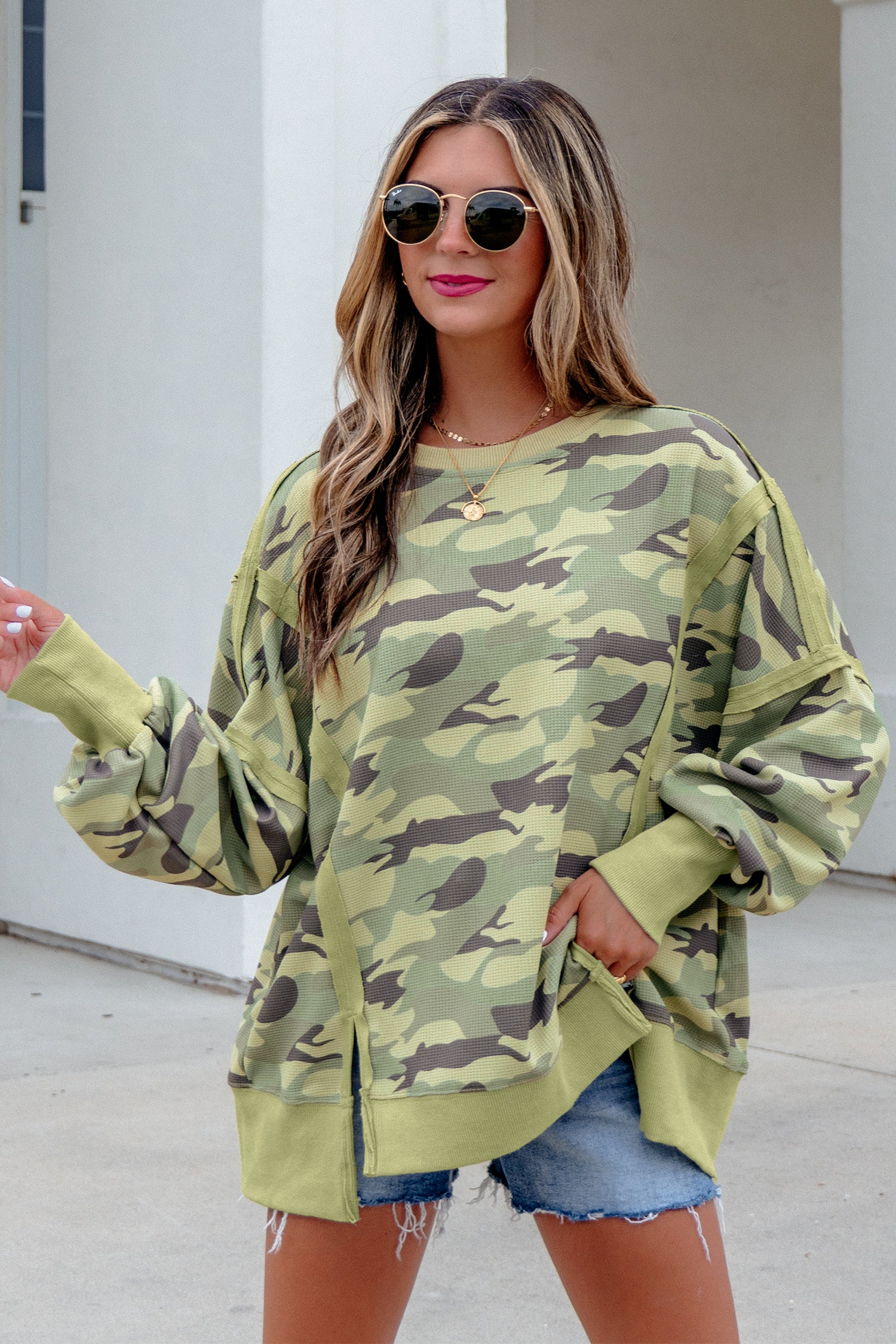 *Green Camouflage Waffle Knit Raw Edge Contrast Trim Oversized Long Sleeve Top