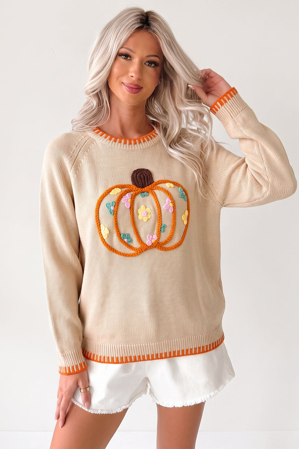 *Parchment Floral Embroidery Pumpkin Long Sleeve Round Neck Sweater
