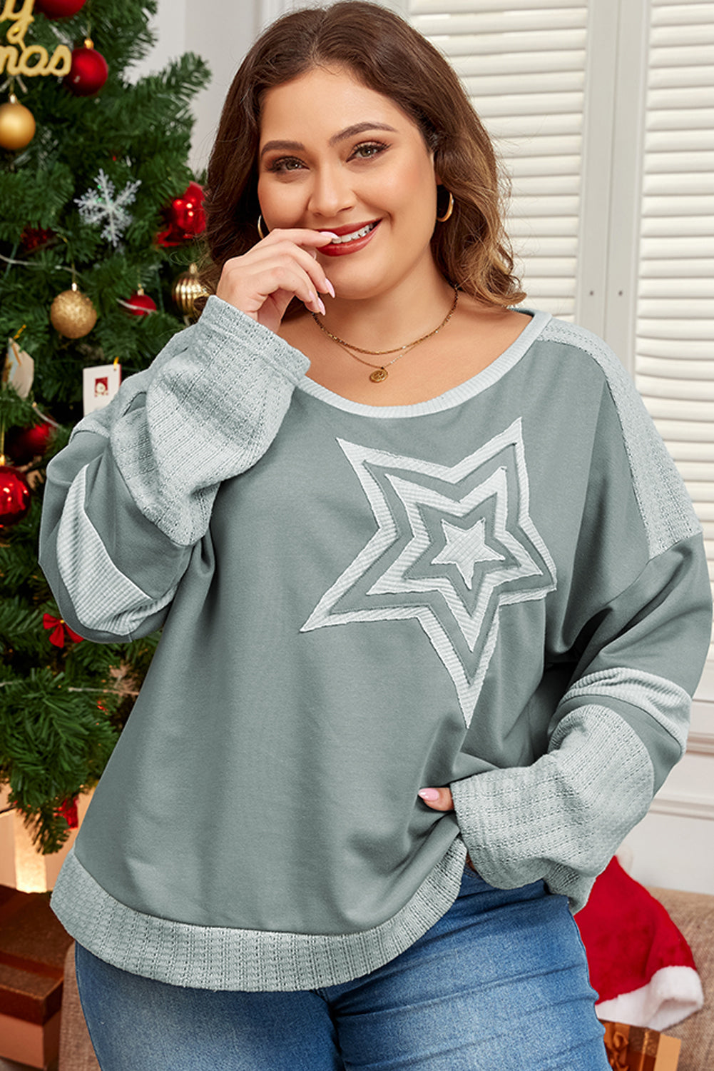 *Mist Green Stars Patchwork Round Neck Plus Size T Shirt