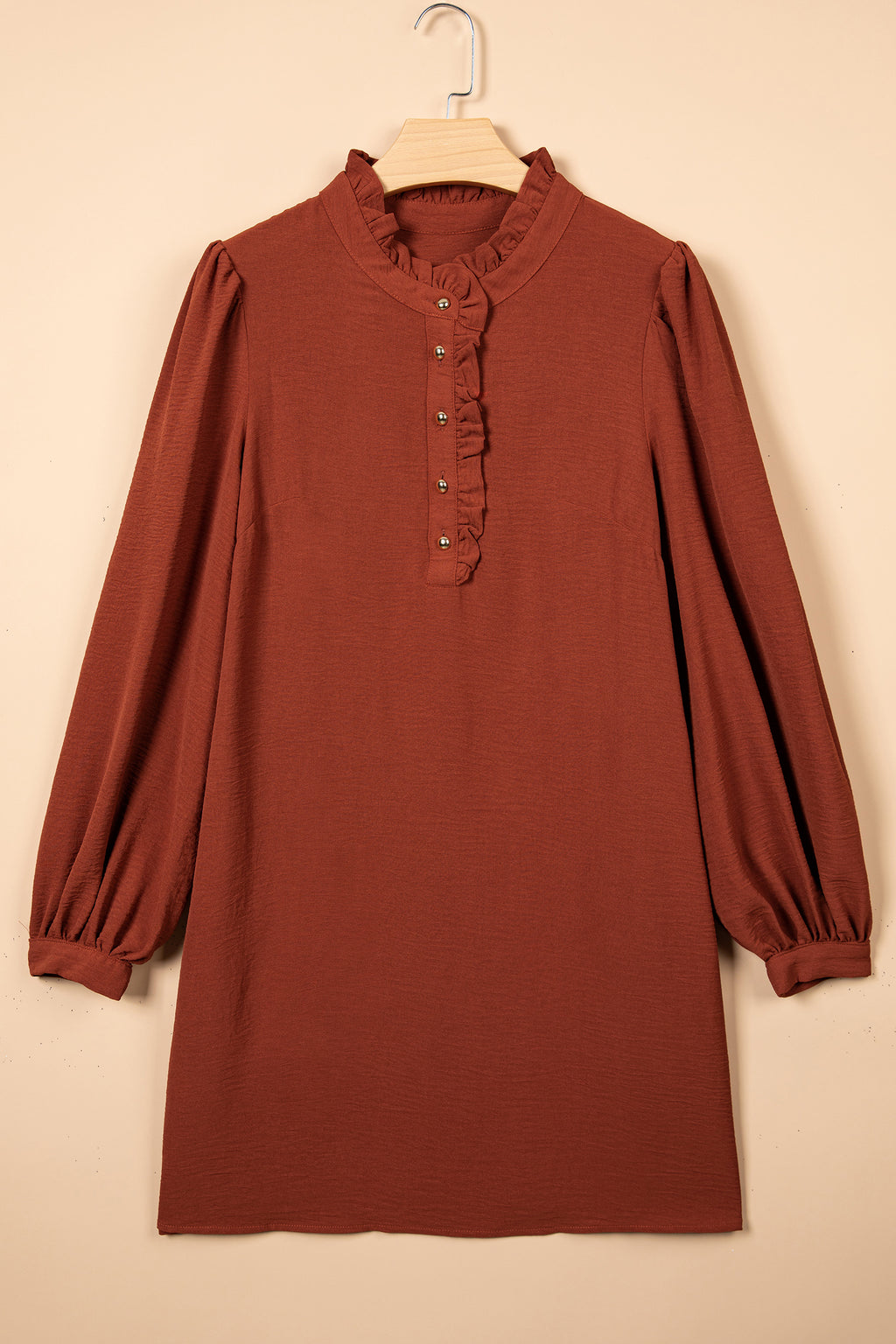 *Coffee Solid Shift Long Sleeve Short Length One Piece Dress
