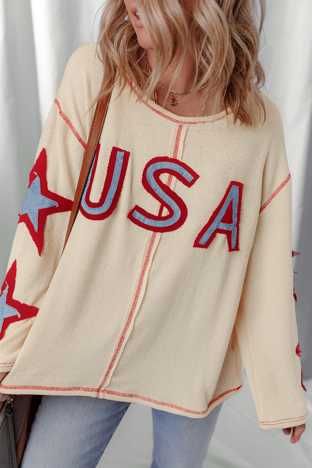 *Beige USA Star Contrast Patchwork Exposed Seam Long Sleeve Top
