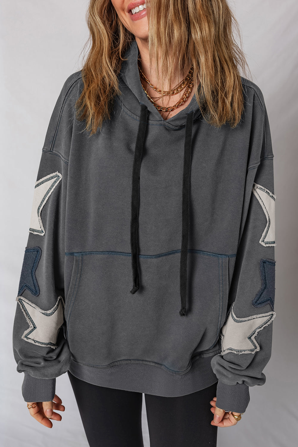 *Carbon Grey Star Patchwork Contrast Stitching Mineral Wash Kangaroo Pocket Vintage Hoodie