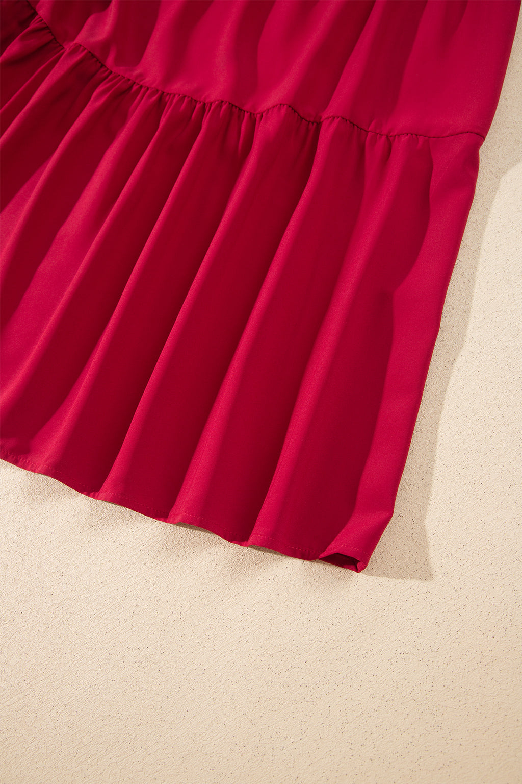 *Racing Red Solid Color Ruffle Trim Long Sleeve Tiered Shift Midi Dress