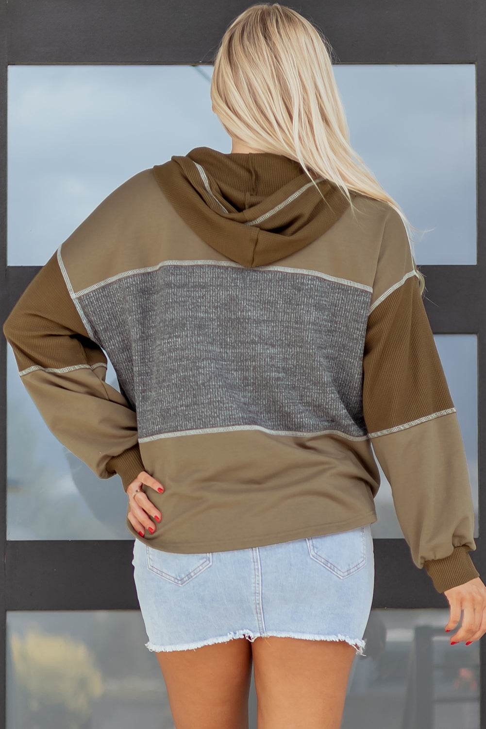 *Jungle Green Mixed Texture Patchwork Exposed Seam Half Button Pullover Hooded Sweatshirt