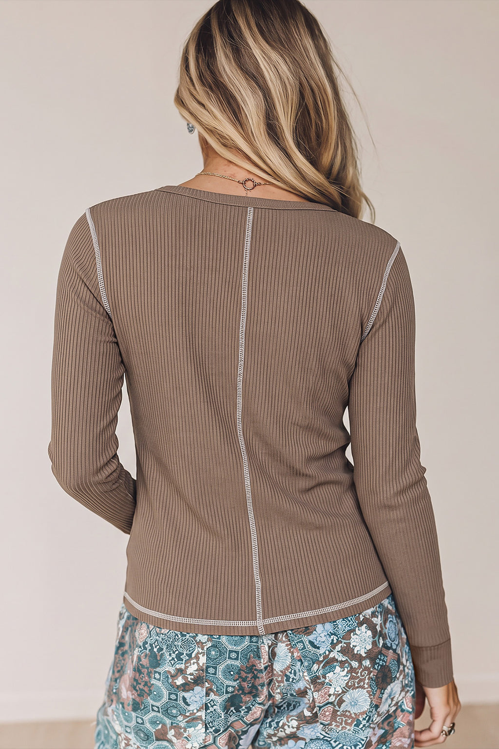 *Dark Khaki V Neck Ribbed Stitched Detail Long Sleeve Top