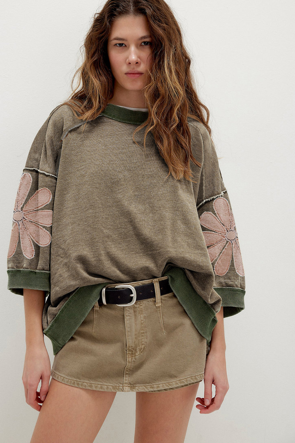 *Breen Mineral Wash Raw Seam Patchwork Flower Patched 3/4 Sleeve Oversize Top
