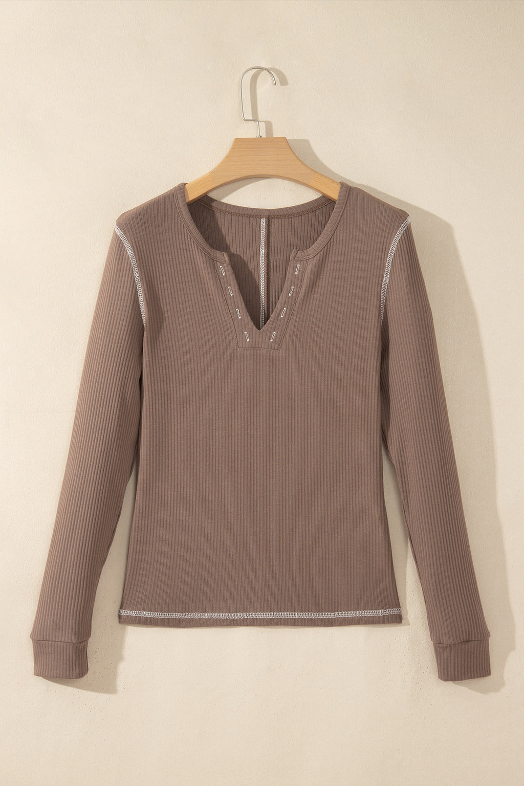 *Dark Khaki V Neck Ribbed Stitched Detail Long Sleeve Top